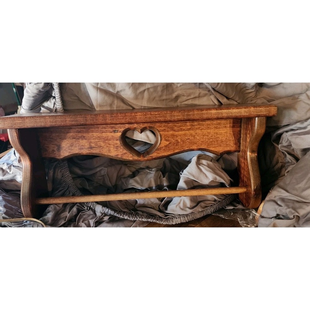 Vintage Solid Wood Hand Crafted Shelf Towel Rack Bar w Heart Cutout Cottagecore - Picture 2 of 6